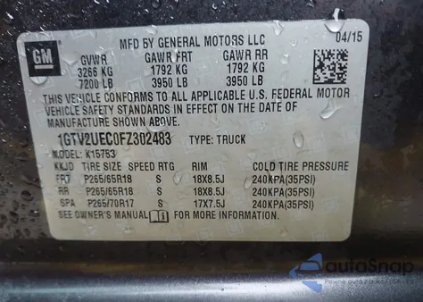 2015 GMC Sierra 1500 Sle из США, поврежденный, VIN 1GTV2UEC0FZ302483